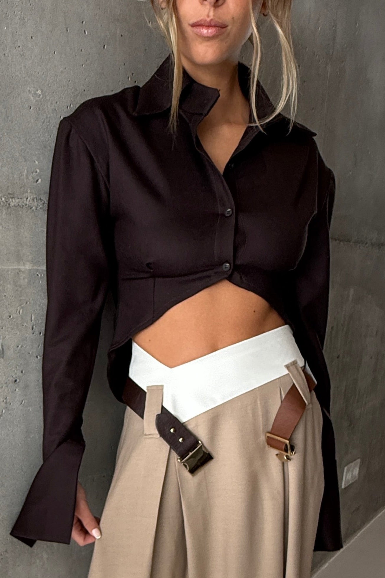 WOOL BLEND CORNERED HEM SHIRT in BROWN