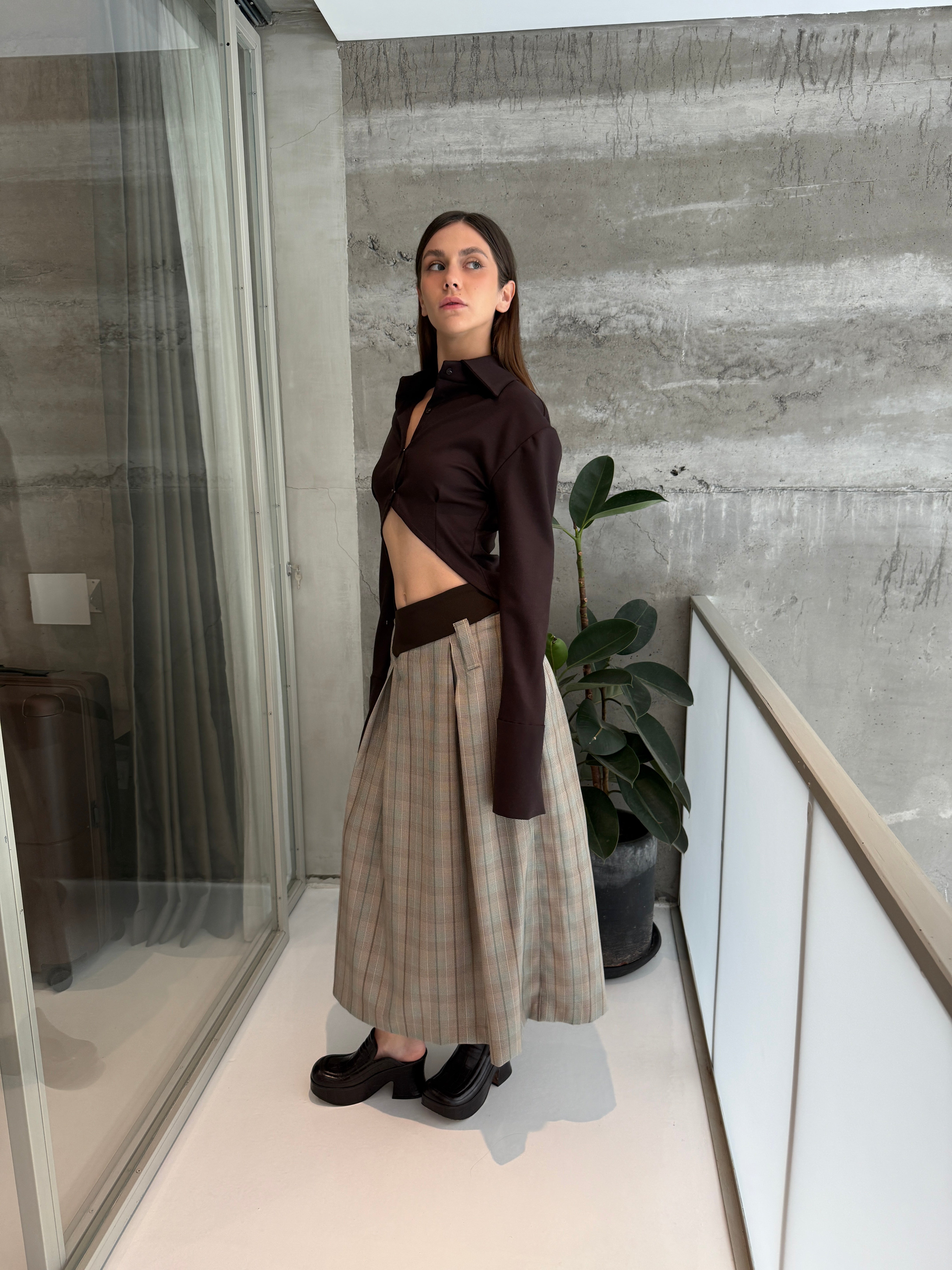 TAILORED ANGLED WAIST LONG SKIRT in BROWN/SAGE PLAID