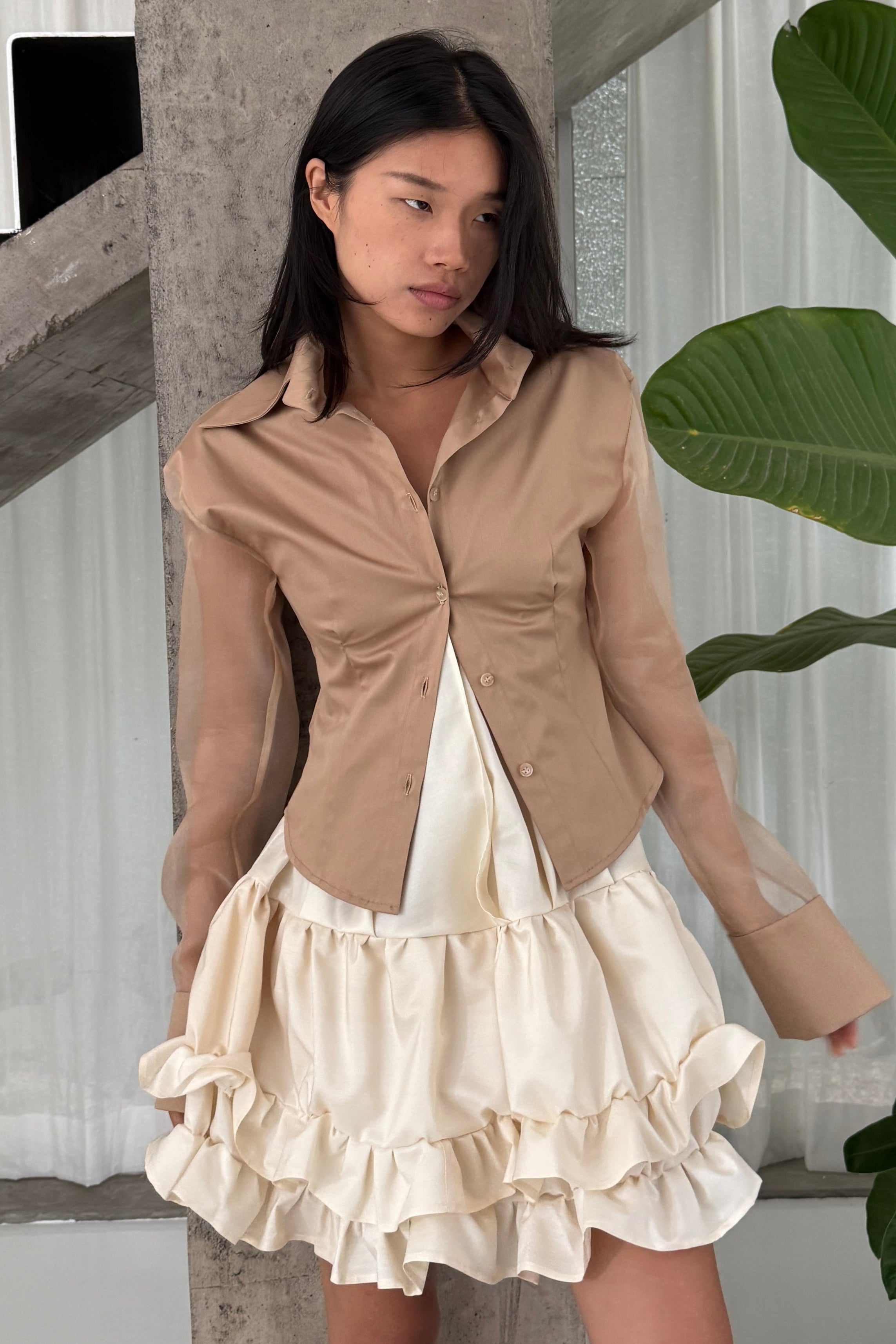 SILK RUFFLE LAYERED DRESS in CREAM