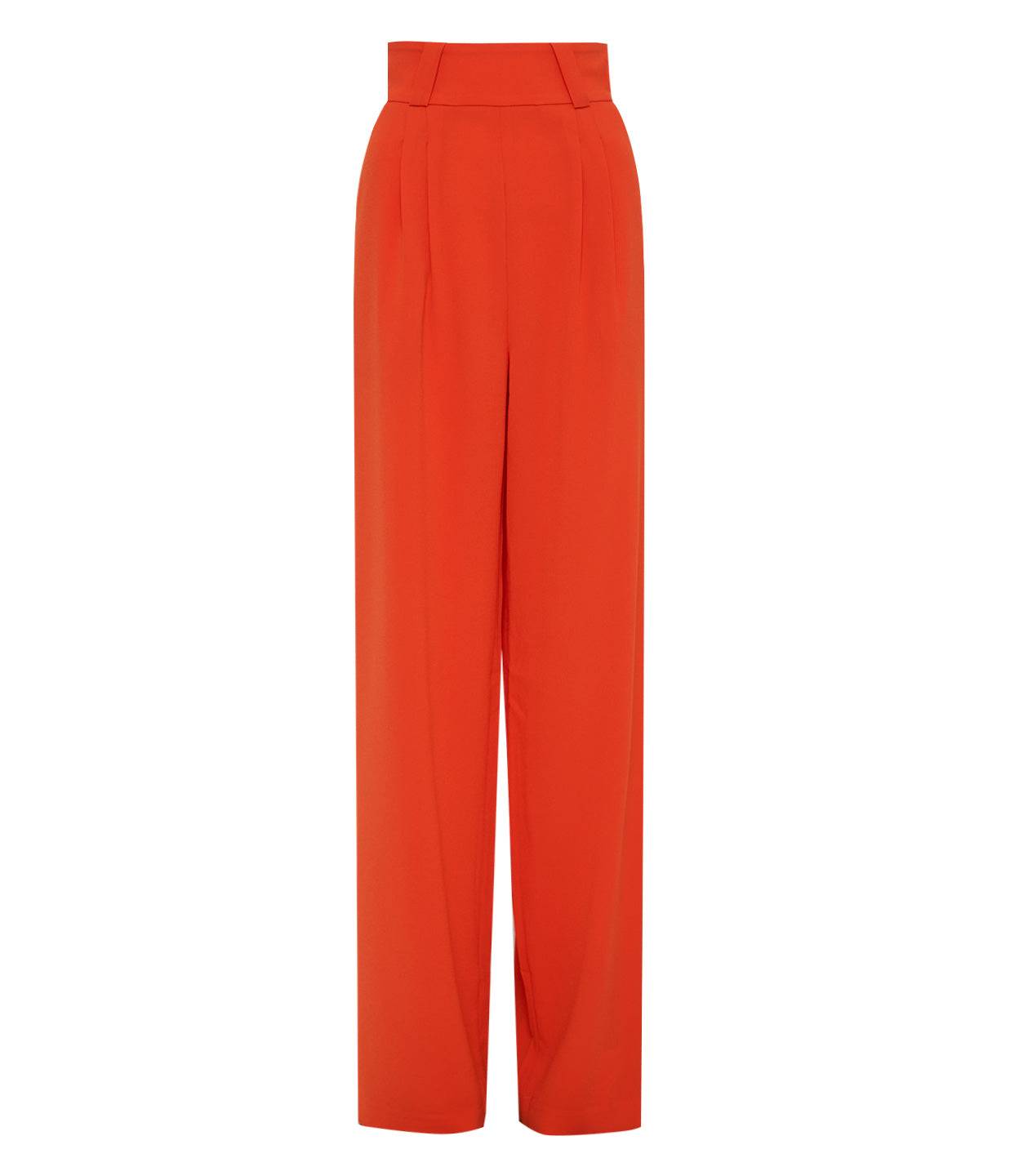 Flat lay of wide leg high waisted orange pants with side pockets and side zip closure.