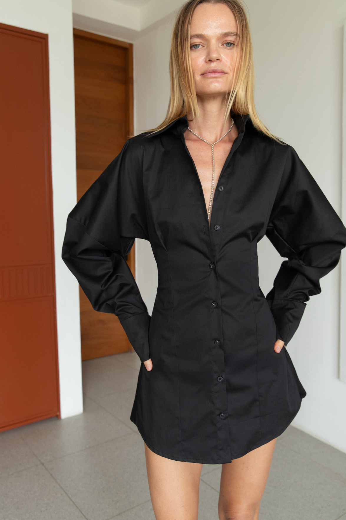 VOLUME SLEEVE SHIRT DRESS in BLACK