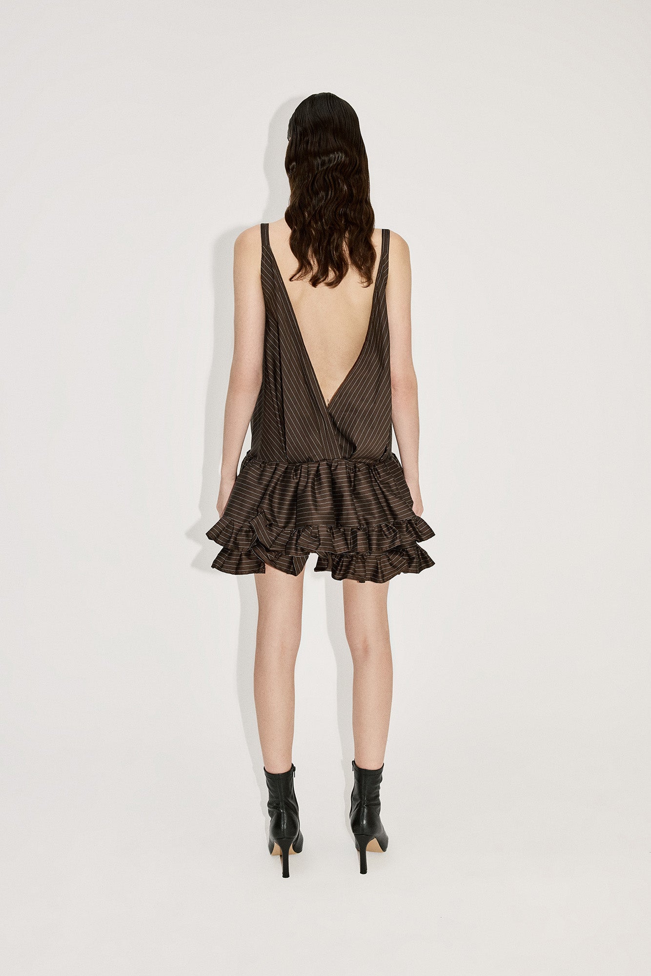 PINSTRIPE LAYERED RUFFLE DRESS